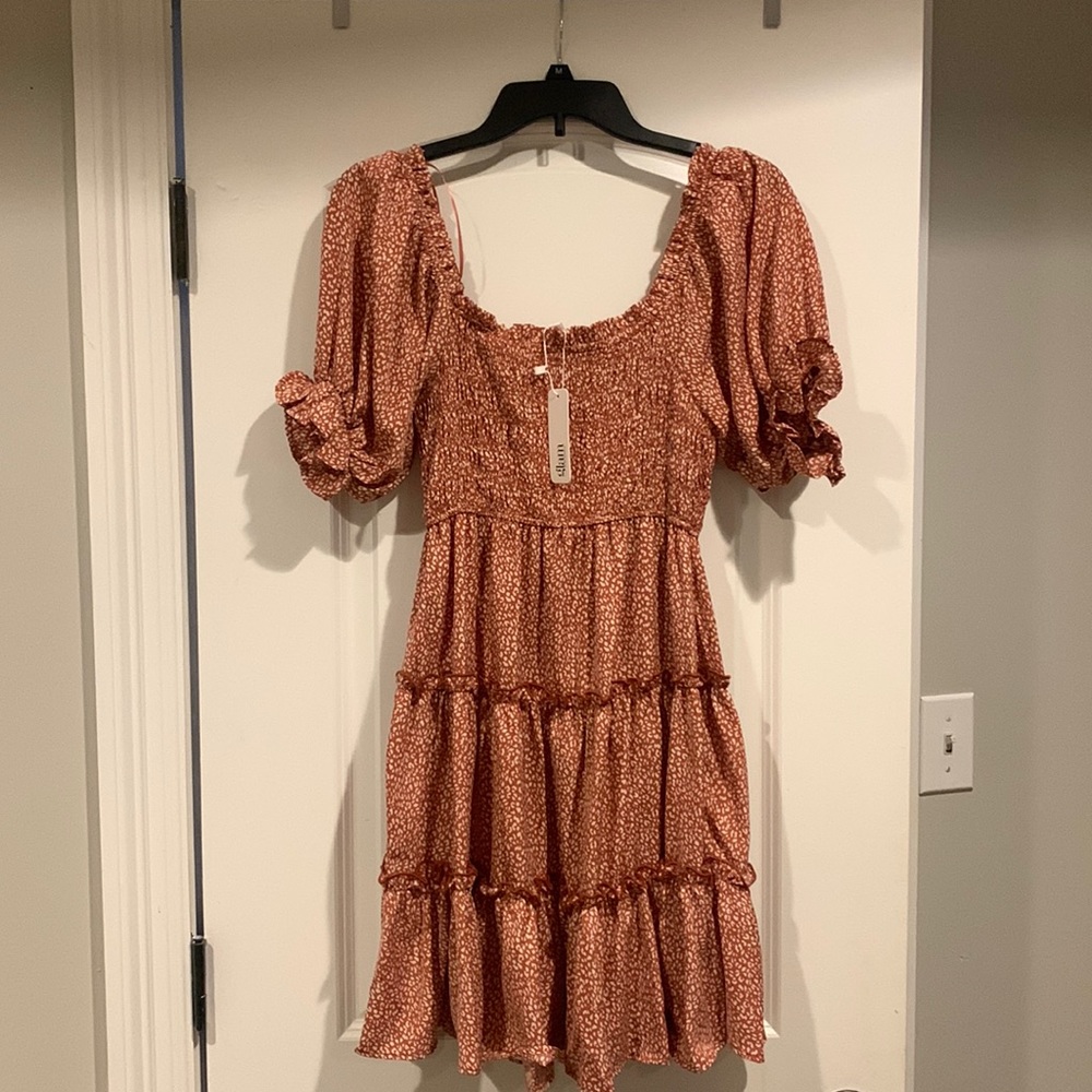 Dark orange/brown, never work Glam mini dress.
